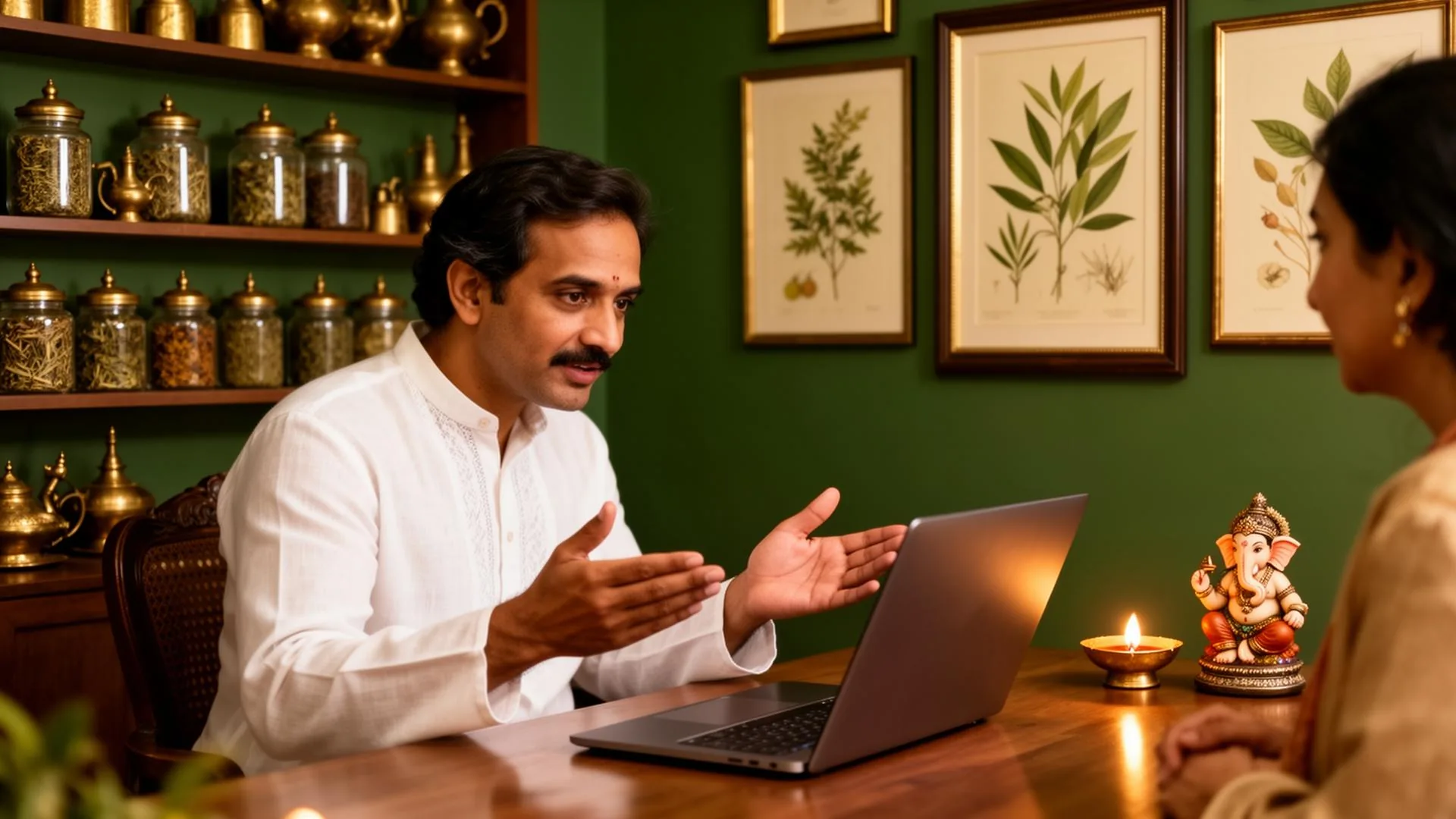 An experienced Ayurvedic Vaidya consulting a patient via video call